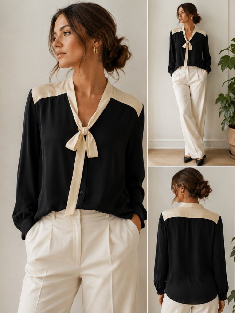 Vintage Mason Silk Tie-Neck Blouse Black Cream Elegant Parisian Style